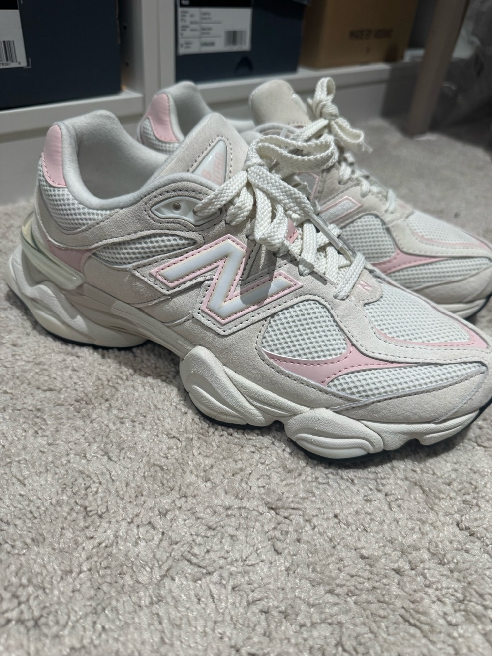 New Balance 9060 Women's Athletic Sneakers in Cream and Light Pink
